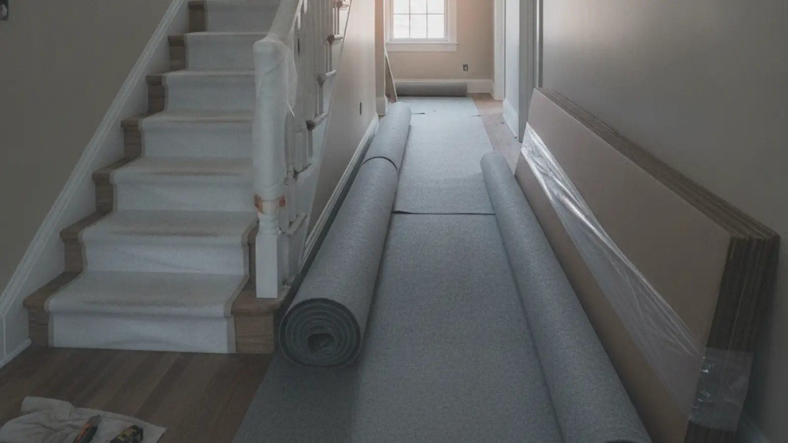 Rolls of floor protection and stacked corrugated board set out in the hallway of a Staten Island house before work begins, the stair wrapped.
