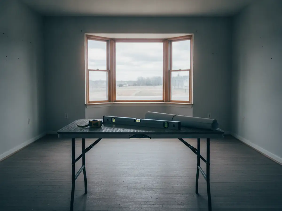 A folding worktable in an empty Staten Island living room with a tape measure, a level and a roll of drawings on it, a bay window behind.