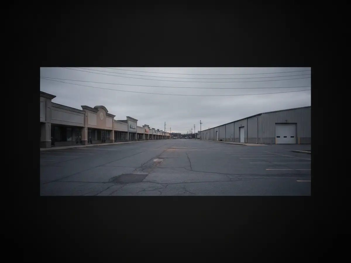 A Staten Island commercial road with single-storey shopping strips, wide parking lots and low warehouse buildings.