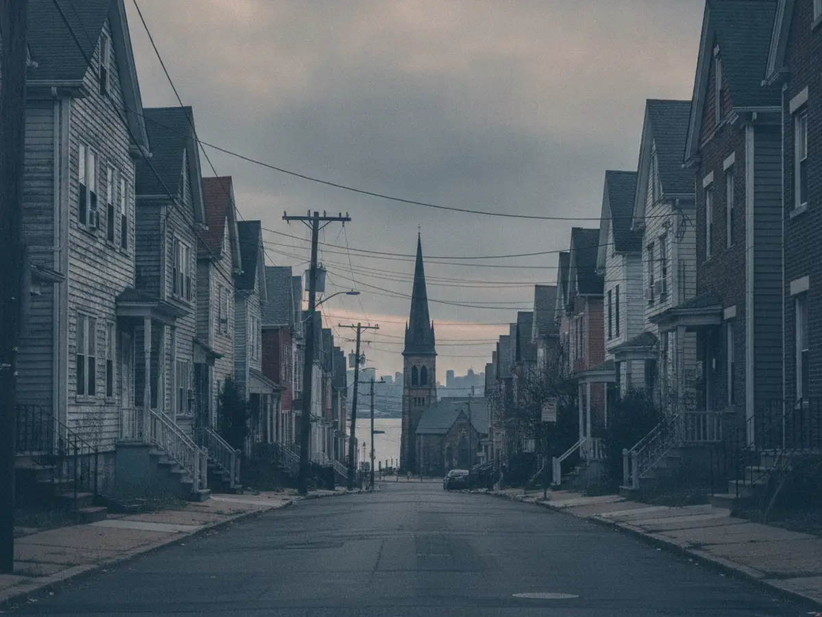 A North Shore Staten Island street of older two- and three-storey frame and brick houses close together, a church spire and the harbour at the end.