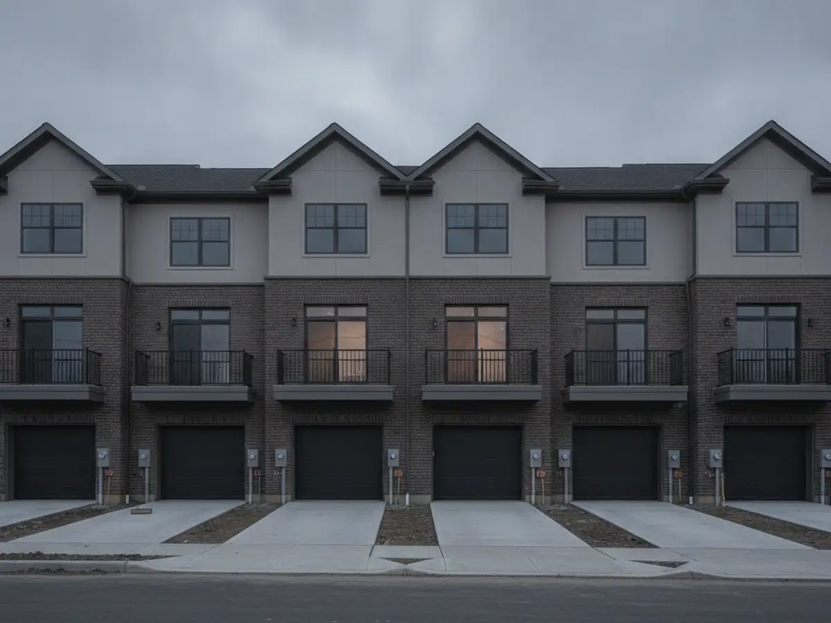 A row of attached Staten Island townhouses with garages at street level and small balconies above, a driveway apron in front of each.