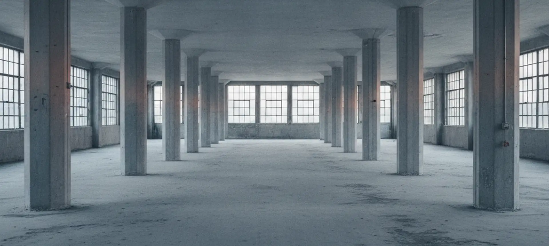 A long empty stripped commercial floor in a Staten Island warehouse, columns receding toward windows at the far end.