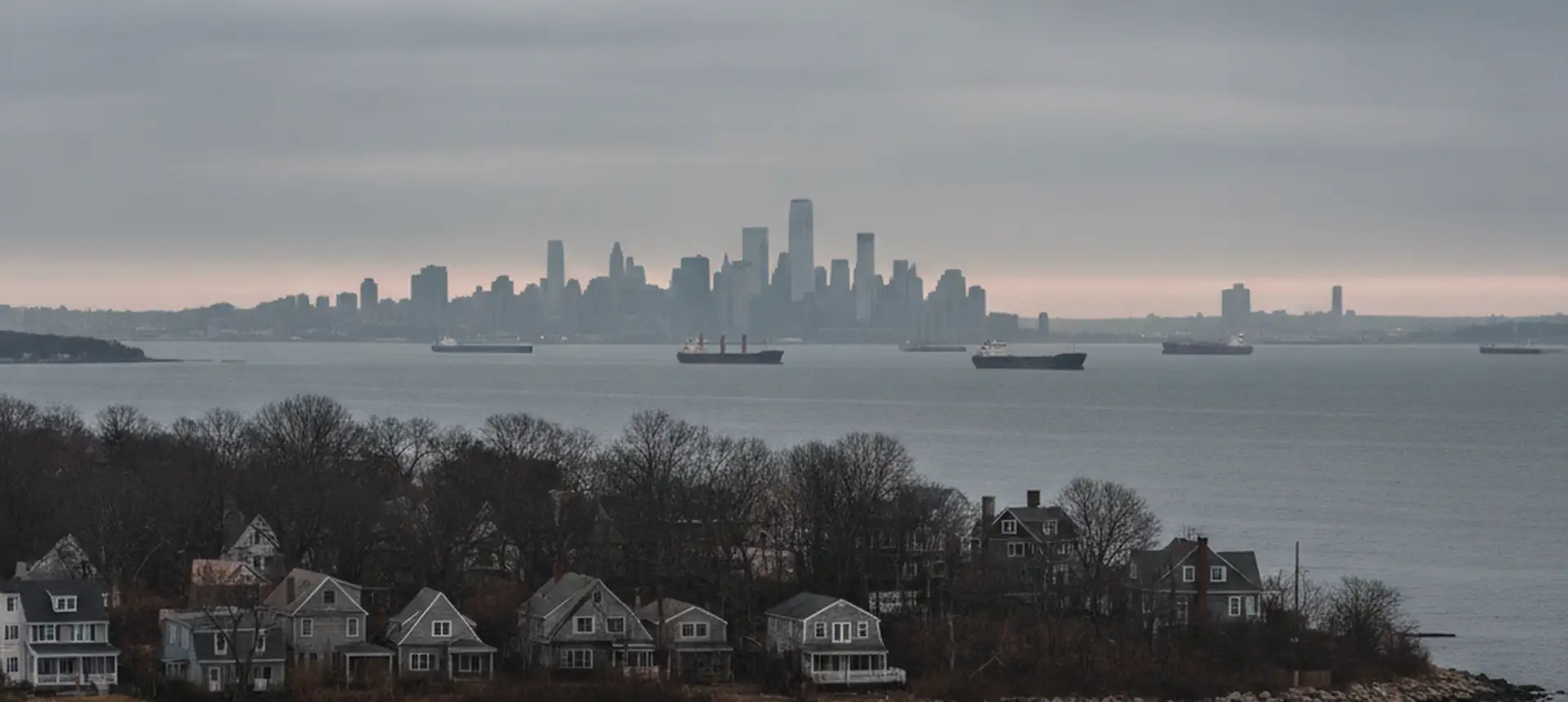 A wide view from a Staten Island shore across the harbour toward a distant skyline, low houses and trees in the foreground.