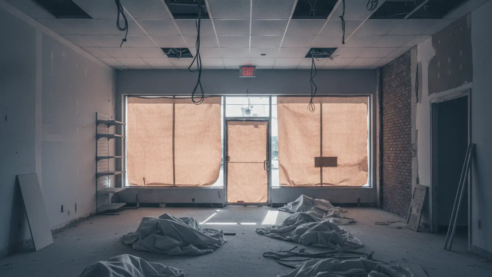 A single-storey retail unit in a Staten Island shopping strip mid strip-out, the shopfront papered over and the ceiling grid partly down.