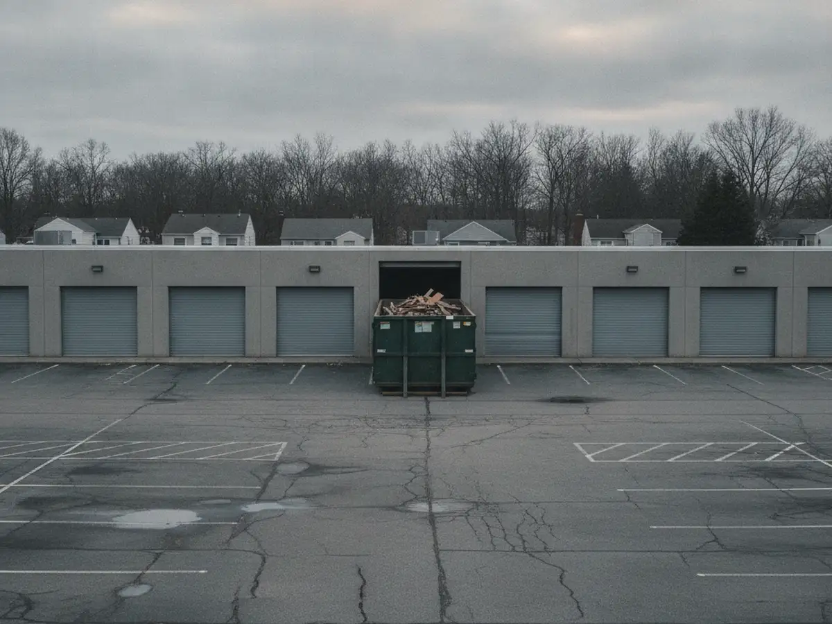 The rear of a Staten Island shopping strip with loading doors and a roll-off container backed up to one of them, a wide parking lot.
