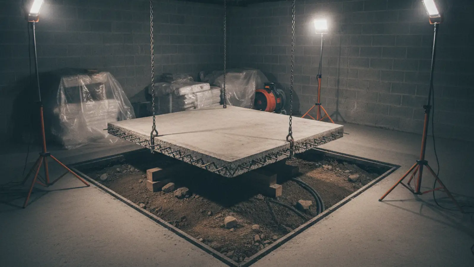 A Staten Island basement with a rectangular section of the concrete floor slab cut and lifted out, the trench below exposed, under work lights.