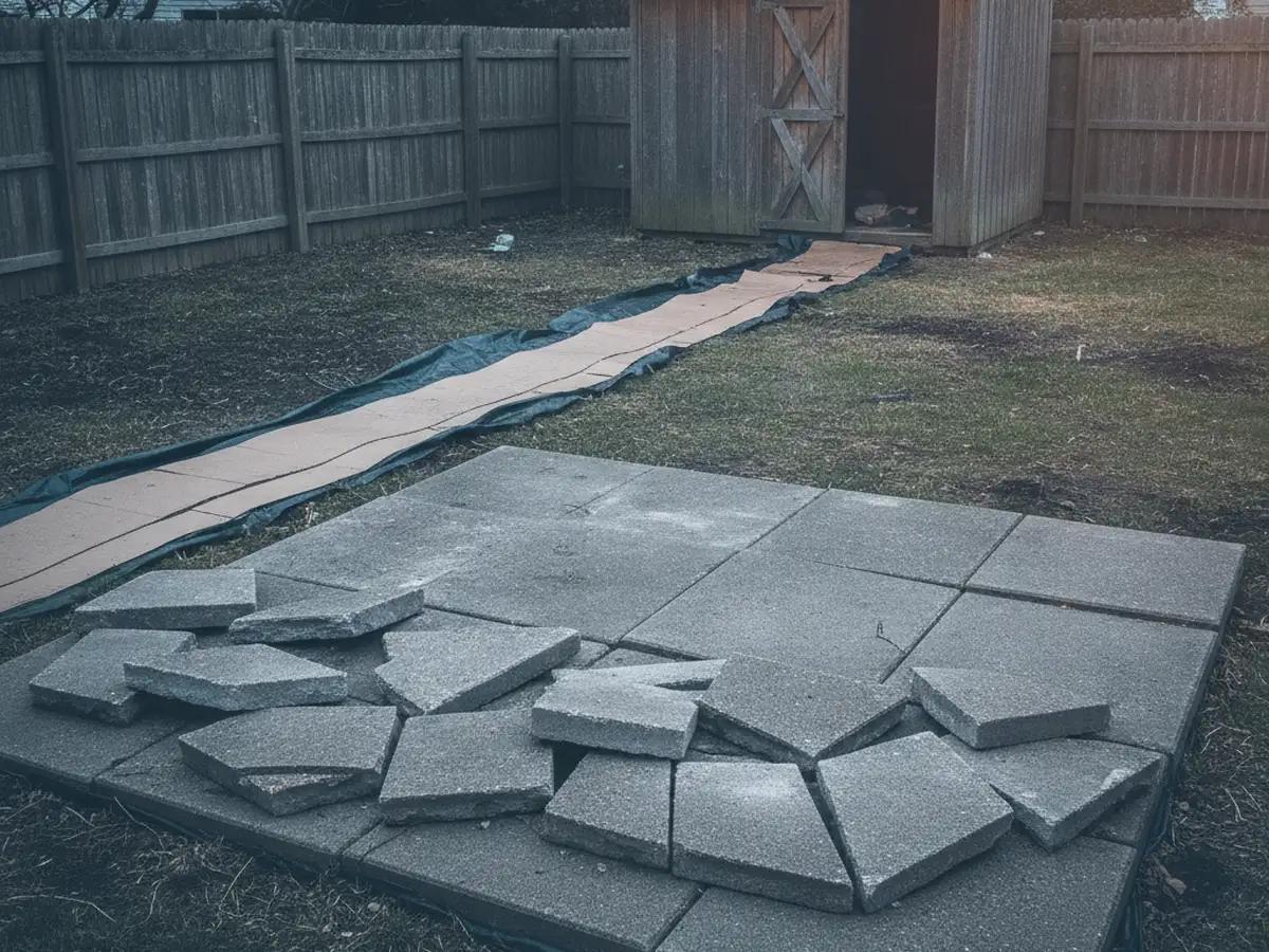 A Staten Island back yard with an old concrete patio slab broken into liftable pieces stacked on a protected path beside a wooden fence and a shed.