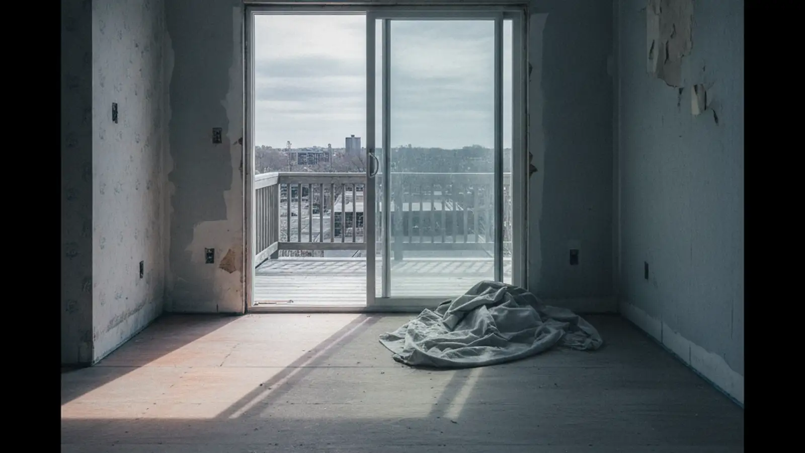 A quiet stripped Staten Island interior with daylight across a bare floor and a sliding door onto a deck, a drop sheet folded by the door.