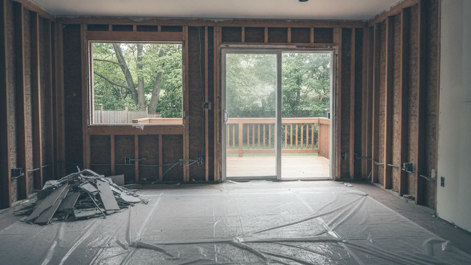 The interior of a detached Staten Island house mid strip-out, the kitchen removed to the studs, a sliding door onto a back deck and a yard with trees, sheeting on the floor.