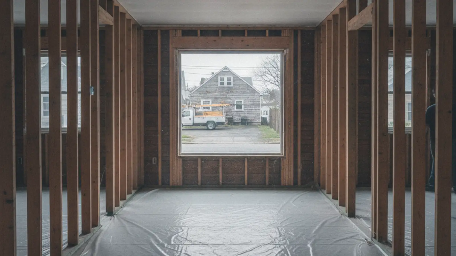 A Staten Island house interior taken back to the studs and joists, old drywall removed, protective sheeting on the floor, a window onto a driveway and the house next door.