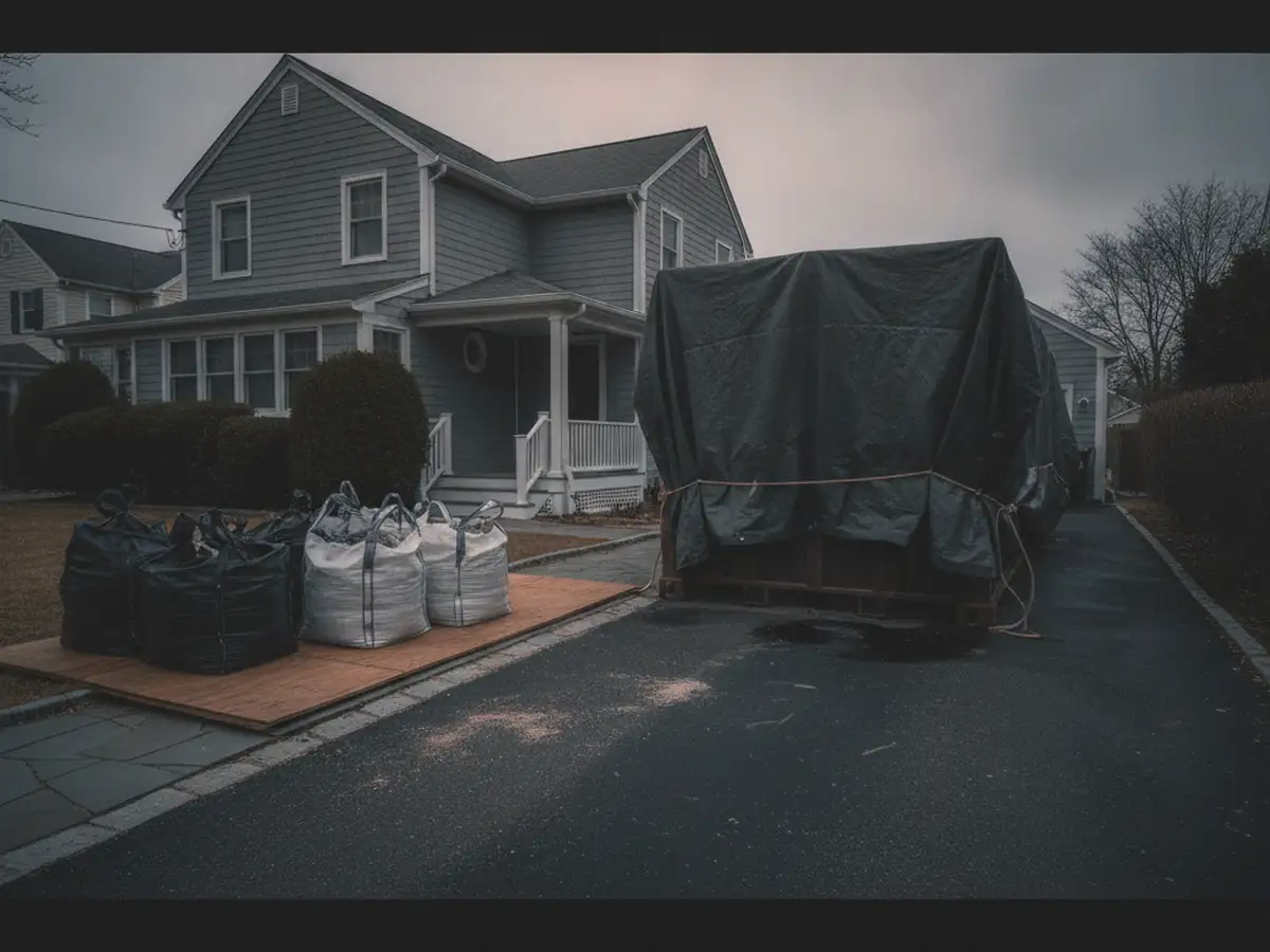 A Staten Island driveway beside a detached house with a covered container parked in it and bagged debris staged on a protected path.
