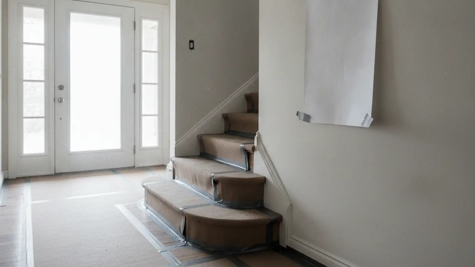 The front hall of a Staten Island house with the wood floor and the stair covered in protective board, daylight through the door glass.