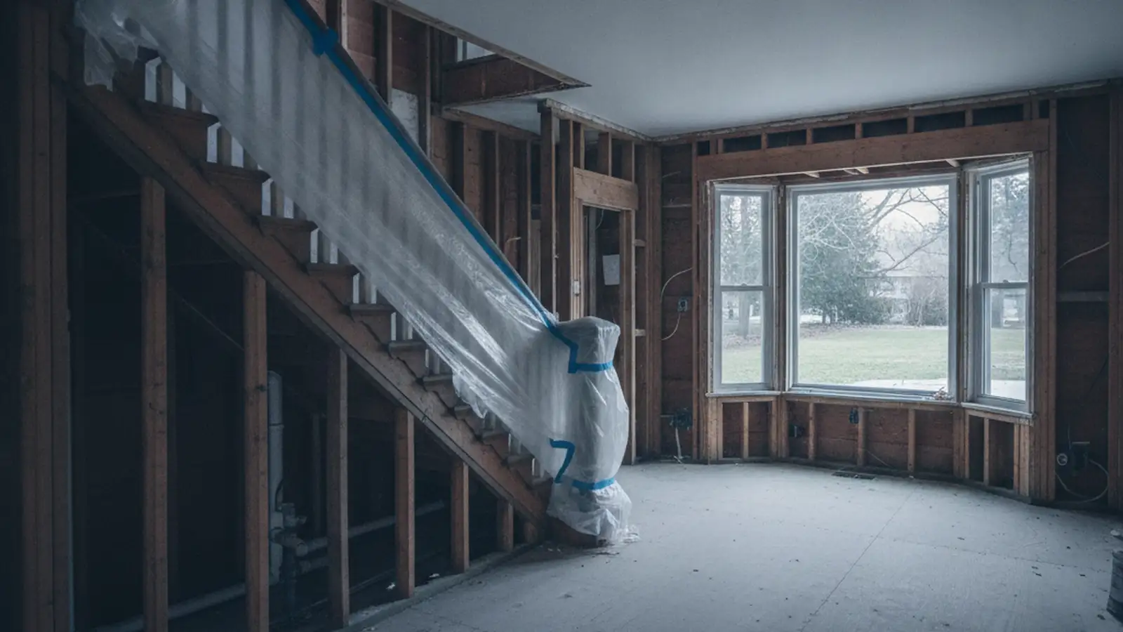 A Staten Island house interior stripped to the studs, the original wood stair with its rail wrapped in protection, a bay window onto a front lawn.