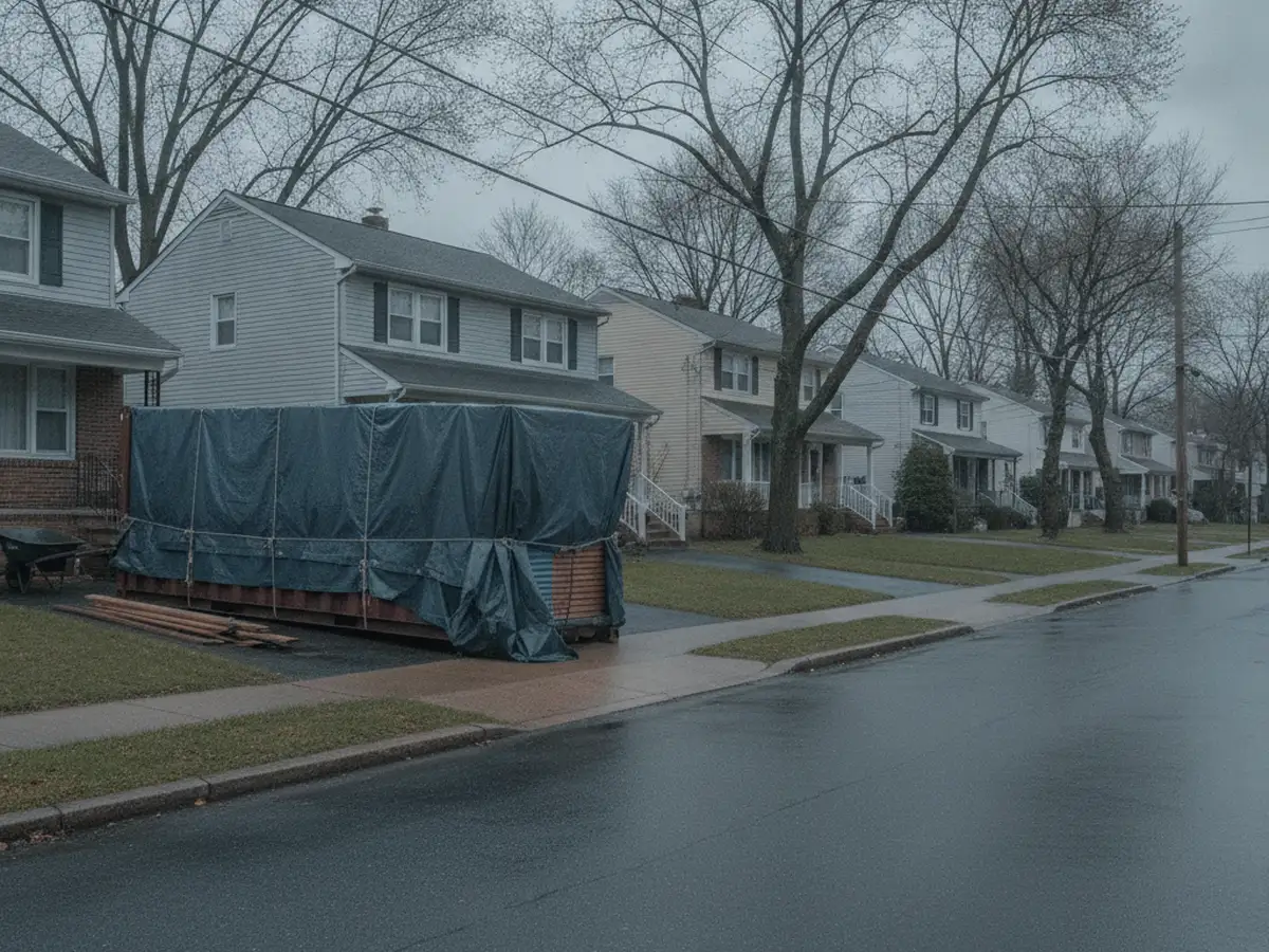 A quiet Staten Island street of detached houses with lawns, driveways and mature trees, a covered container in one driveway.